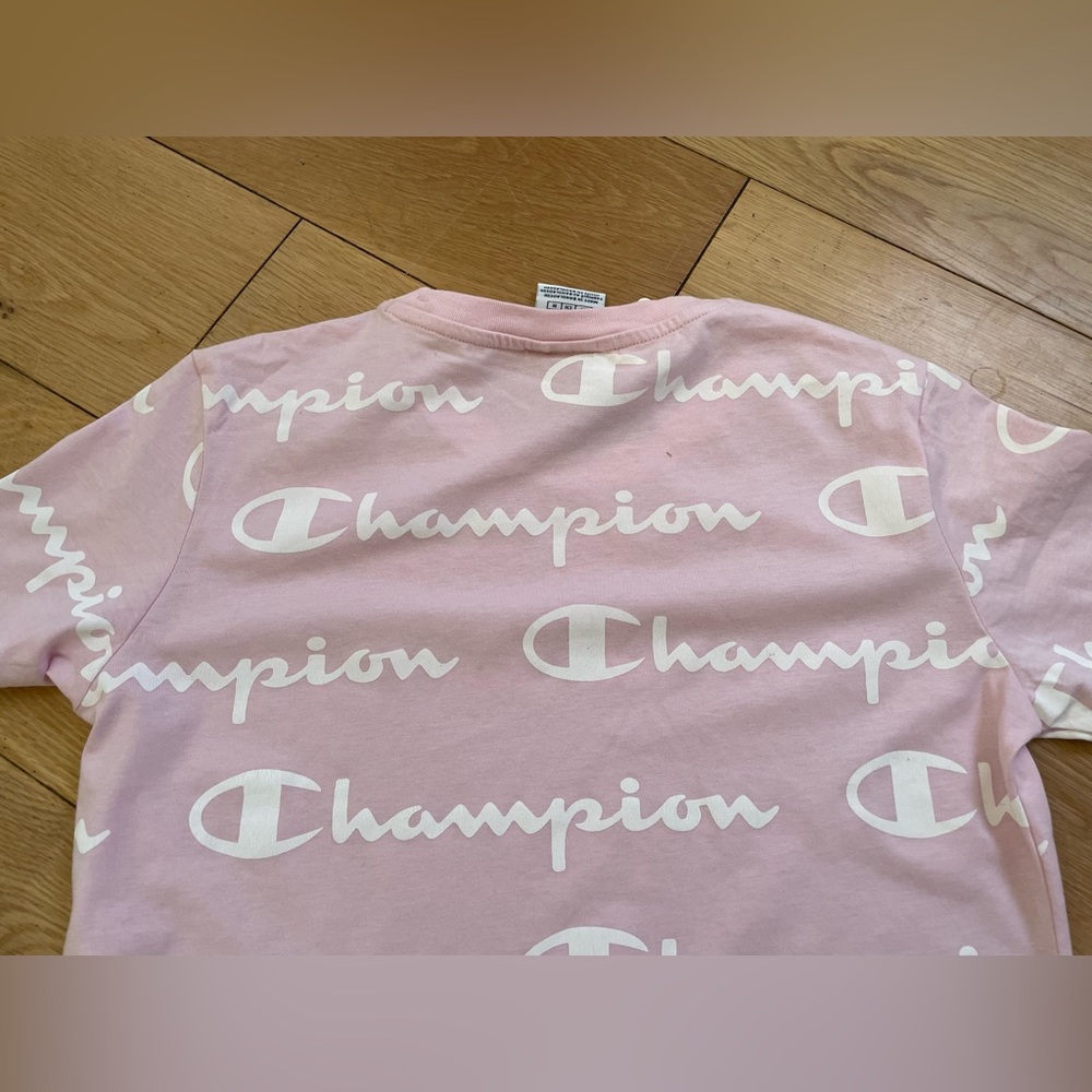 Champion Allover Print T-Shirt - Women’s Small - Spellout Logo Pink Summer BNWT - Picture 13 of 14